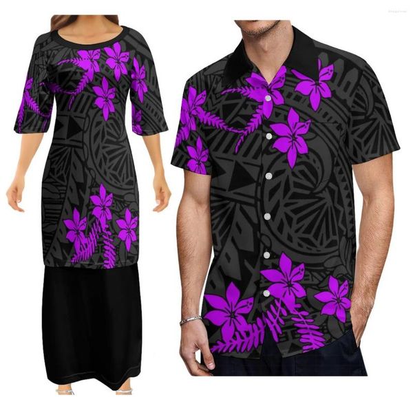 Vestidos de fiesta Logotipo personalizado Samoa Vestido de cuello redondo para mujer Puletasi con camisa de manga corta para hombre Diseño polinesio Traje de pareja Patrón HD