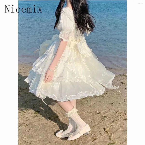 Vestidos de fiesta lindo princesa cumpleaños para mujeres kawaii chicas arco lolita vestido diario de manga corta cintura delgada esponjosa