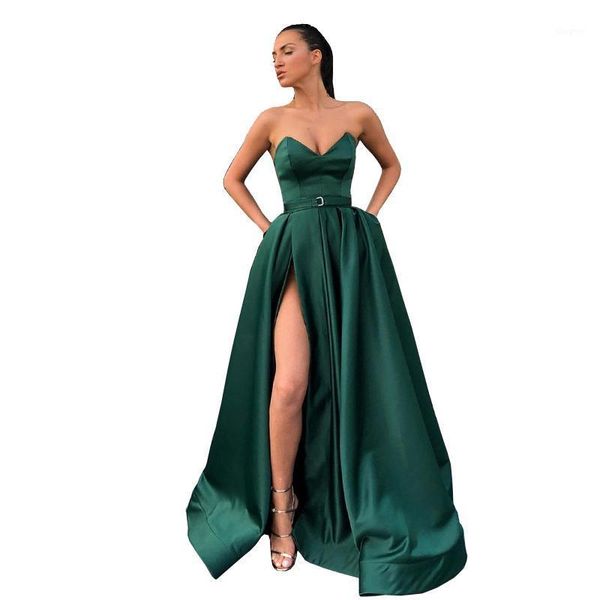 Robes de soirée vert foncé longue soirée en satin 2022 chérie haute fendue une ligne sans manches Frool longueur formelle robe de bal Abendkleider