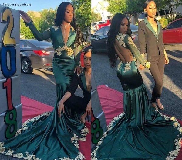 Robes de fête Green Dark Long Manches Prom 2024 South African Black Girls Deep V Holidays Necking Graduation Using Robes de soirée