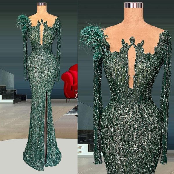 Robes de soirée vert foncé sirène robe de bal manches longues col en V plumes appliques paillettes robes de soirée côté fente pageant robes de mariée fête