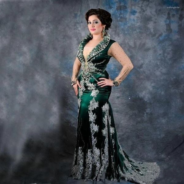 Vestidos de fiesta Mermaides musulmanes de color verde oscuro 2024 mangas largas de mangas largas Marruecos Marruecos Dubai Kaftan Prom Formal Vestidos