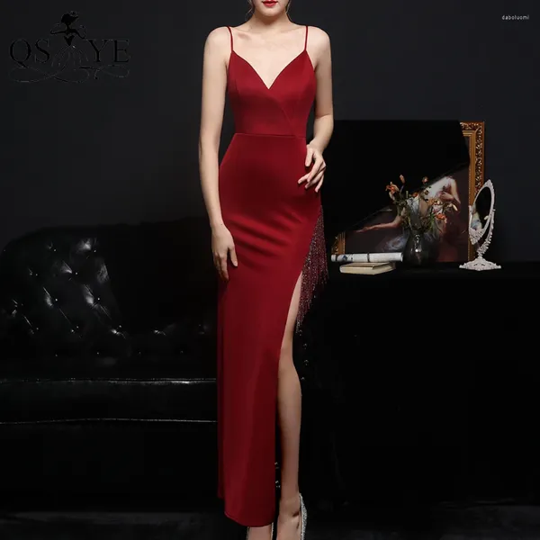 Robes de soirée rouge foncé soirée fendue robe de bal extensible perles glands robe bretelles Spaghetti col en V femme longueur cheville