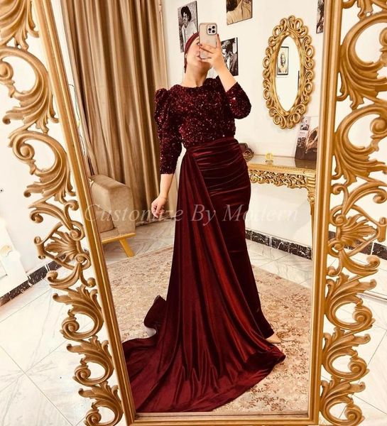 Robes de fête Sirènes de velours rouge foncé Sirène Sirène Longte à manches longues détachables Pleas Longueur du sol Saudi Arabie Robes de bal