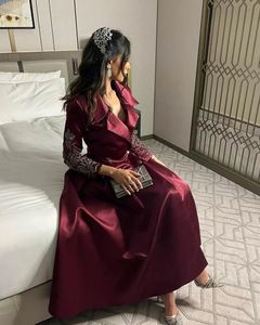 Feestjurken donkere rode vintage avondjurken zijden satijn Arabische vrouwen formeel feest lange mouwen v nek thee lengte prom jurken garm 230325