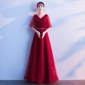 Robes de soirée rouge foncé femmes col en v longue robe à paillettes mode soirée banquet élégant bal demi manches robe robe XS-XXL
