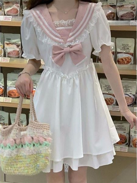 Robes de soirée Deeptown Kawaii Mignon Blanc Lolita Robe Femmes Japonais Y2k Style École Doux Jk Uniforme Arc Volants Ruban À Manches Courtes