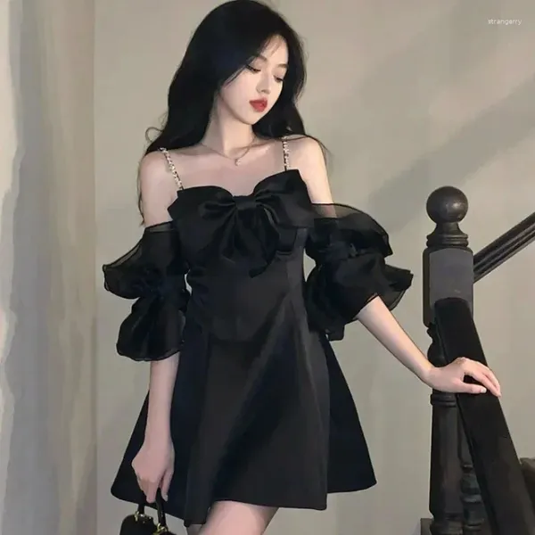 Vestidos de fiesta Deeptown Estilo coreano Vestido negro de una pieza Mujeres Fairycore Mini Princesa Off Hombro Túnica de manga corta Vestidos