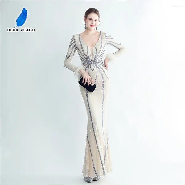 Robes de fête Deveredo Femme Elegant Full Full Manches Robe de soirée avec des plumes paillettes sirène Deep V Neck Formel Maxi