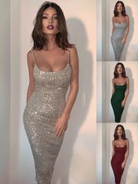 Feestjurken Dive Teger Fashion Lades Sgagined Spaghetti Strap Sexy Backless Bodycon Midi Dress For Women Evening Party Vestidos 9012 230314