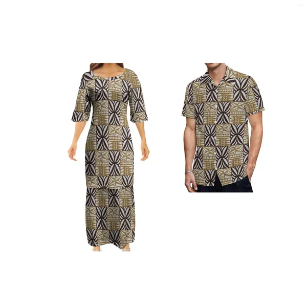 Vestidos de fiesta Diseñador personalizado Polinesia Ropa para mujer Samoa Puletasi Conjuntos Ptaha Top 2 Falda Maxi de dos piezas Conjunto Camisa para hombre