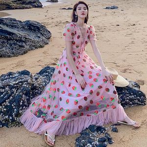 Feestjurken ontwerper sexy diep v dun zand kanten aardbeien puff mouw lange jurk vakantie borduurwerk pailletten 2023 zomer