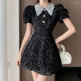 Robes de fête Diamond Reprod Down Collar Patchwork High Waist Mini Robe Summer Puff Short Sleeve Sequins Luxury Women Vestidos