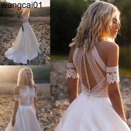 Feestjurken Droom Satin Bohiaanse trouwjurk voor bruiden 2023 Offer Off the Shoulder Lace Halter Boho Bridal Jurk met detachab SEVEN 0408H23