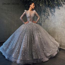 Robes de soirée Dreamy Bridal Puffy Spakles Soirée Dentelle Glitter Manches Longues Robe De Bal Princesse Robes Formelles