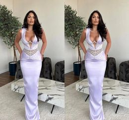 Robes de fête Dubaï Arabe Lavender plus taille Sirène Soirée Long pour femmes Deep V Coude Beeded Birthday Prom Celebrity Pageant Robes