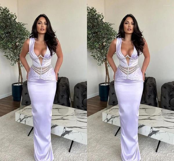 Robes de fête Dubaï Arabe Lavender plus taille Sirène Soirée Long pour femmes Deep V Coude Beeded Birthday Prom Celebrity Pageant Robes