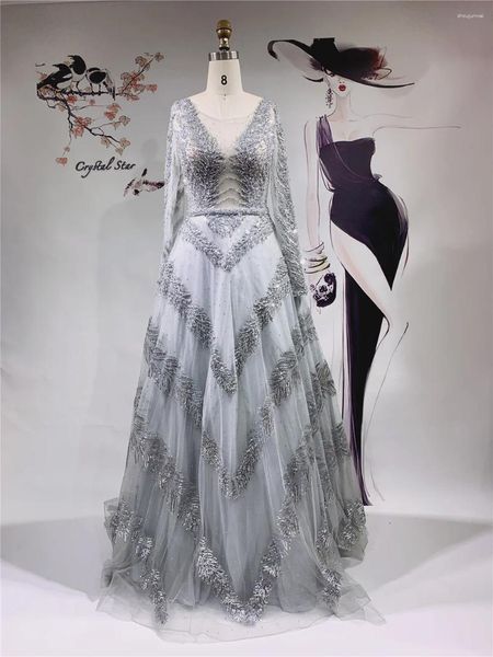 Vestidos de fiesta Dubai Gray A-Line Luxury Sexy Night 2024 Mangas largas Diamond Beading Vestido formal HO1055