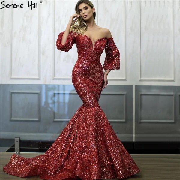 Vestidos de fiesta Dubai Red Sequined Off Shoulder Sexy Prom 2024 Último diseño Mermaid Mangas largas Vestidos de lujo BLA60993