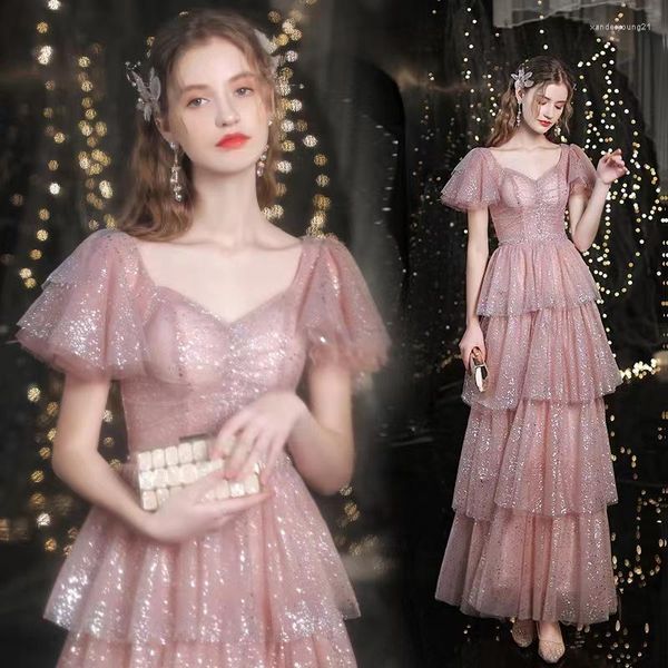 Robes de soirée robe de soirée rose poussiéreux chérie une ligne tulle paillettes à plusieurs niveaux dos nu longueur cheville banquet élégant célébrités princesse