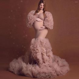 Vestidos de fiesta, vestido de maternidad de sirena rosa polvoriento, volantes escalonados, mangas largas abullonadas, vestido de embarazada para Babyshower Poshoot, hecho a medida