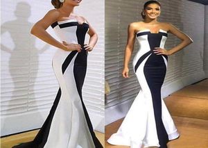 Feestjurken Ebi Arabisch Elegant Black Wit Mermaid Avond Satijn Strapless Floor Lengte Formele jurken7584892