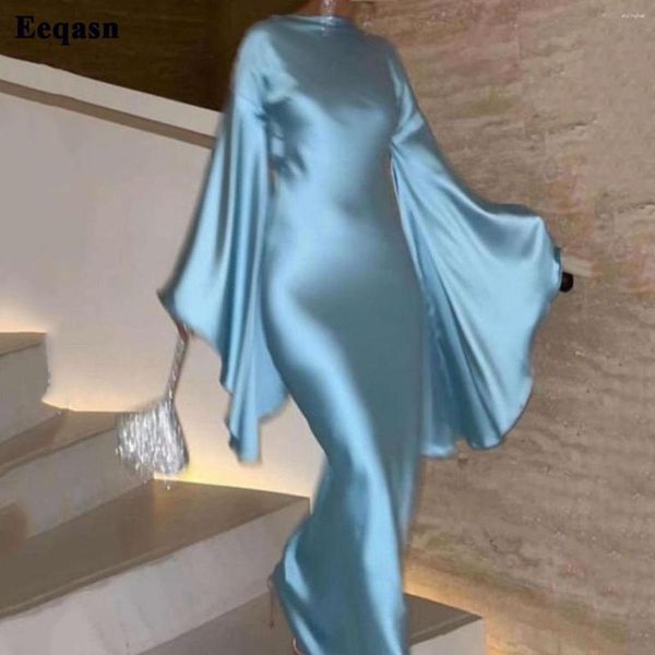 Robes de soirée Eeqasn Bleu Ciel Sirène Femmes Soirée Arabe Soie Satin Puff Manches Longues Robes Formelles Tapis Rouge Robe De Bal 2023