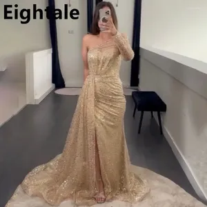 Robes de fête Huitième 2024 Gold Sirmaid Sequin Robe de soirée pour mariage Formal One Sexe Sexe Slit Prom Dubai Robe