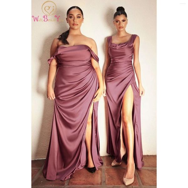 Vestidos de fiesta vestidos de noche de satén elásticos 2024 larga sirena lateral hendidura ruchada trenes de barrido vestidos de fiesta elegantes mujeres simples personalizadas