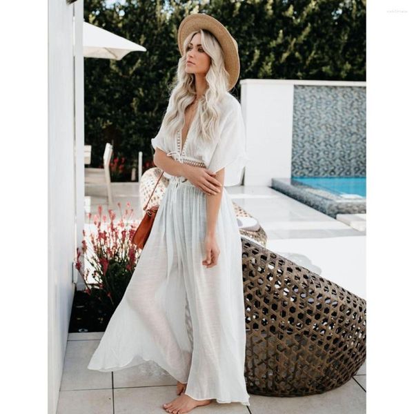 Robes de soirée taille élastique Boho Robe Robe Robes magasin Chic Trf blanc dentelle Patch plage bohème Maxi dames col en V profond haute