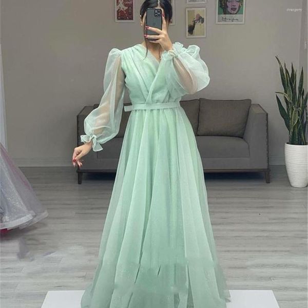 Robes de soirée élégantes une ligne vert menthe manches longues bal modeste col en V longueur de plancher robes de soirée 2023 robe d'occasion formelle