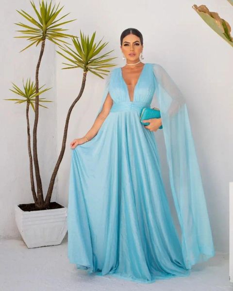 Robes de soirée élégantes bébé bleu longue bal avec mousseline de soie demi manches jupe pointillée une ligne mère robes de soirée formelles grande taille