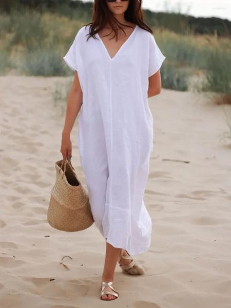 Vestidos de fiesta elegante playa v cuello manga corta una línea algodón lino blanco vestido largo chic suelto mujeres túnicas retro casual verano