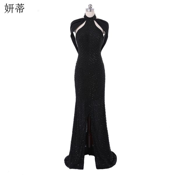 Robes De Soirée Élégant Noir Dos Ouvert En Mousseline De Soie Sirène Robes De Bal Halter Cou Perles Paillettes De L'épaule Robe De Soirée Sans Manches 230217