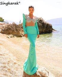 Robes de fête élégant sirène bleue Dubaï Evening Luxury Manches Crystals Crystals Diamants Perge de bal Robe de bal de Mexique pour mariage