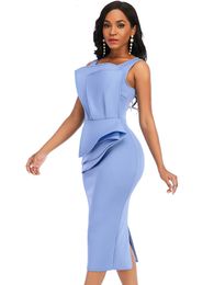 Robes de soirée élégantes femmes bleues sans manches robe mi-longue événement Peplum volants Occasion célébrer Vestidos Feminino Robes 2XL 221128