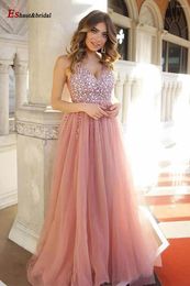 Feestjurken elegante blush kralen handgemaakte zijsplaraat prom jurk voor vrouwen 2024 Long v neck aline tule plus size avond trouwjurk