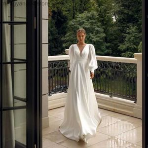 Feestjurken Elegant Chiffon Wedding Jurk 2023 Simple V-Neck Long Puff Mouwen White Bride Jurets For Women Modern Robe de Marie Sweep Train T230502