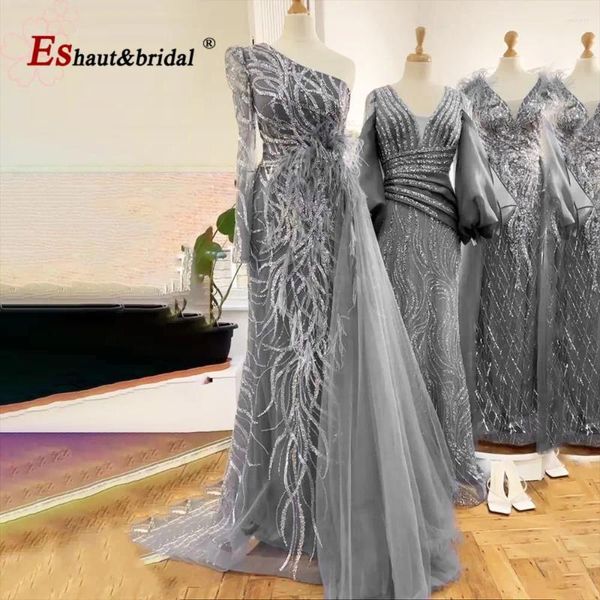 Vestidos de fiesta Elegante Dubai Sirena Pluma Vestido de noche de noche para mujeres 2023 Un hombro Mangas largas Cuentas Vestidos de boda de fiesta formales