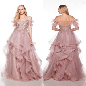 Feestjurken Elegant stoffig roze prom Lace Corset Tule flowy bruidsmeisje jurk uit schouderveren runway mode Vestido de novia
