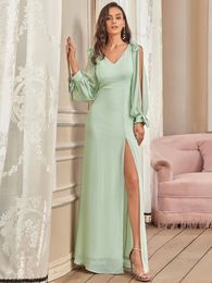 Feestjurken Elegante avondjurk Long A-Line V-Neck Full Sheeves Floor Length Mint Green Jurk ooit mooi van chiffon bruidsmeisje jurk 230504