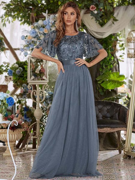 Robes de soirée Robes de soirée élégantes SSequin Print Maxi Long avec Cap Sleeve A-LINE Ever Pretty of Dusty Navy Lace Prom Dresses Of Women 230504