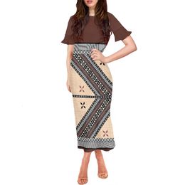 Feestjurken Elegante avondjurken Polynesische tribale kleding Samoa Tapa Fijian Brown Print Women Summer Bodycon Bloemblaadjes Mouwen 230314