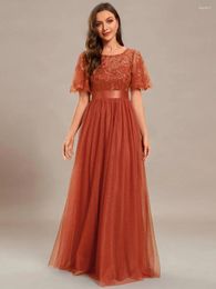 Robes de fête élégante Evening Sequin Print Maxi Long avec Cap Sleeve A-Line 2024 Ever Pretty of Gauze Burnt Orange Bridesmaid Robe