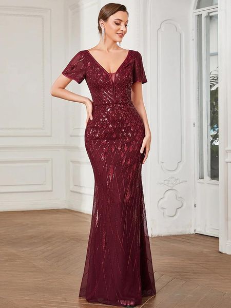 Vestidos de fiesta elegantes de noche de manga corta con cuello en V sirena hasta el suelo vestido de lentejuelas 2023 Ever Pretty Of Burgundy Prom vestidos de mujer