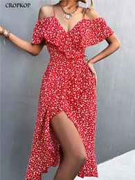 Feestjurken Elegante Bloemen Midi Jurk Vrouwen Zomer Sexy Backless Ruche Split Strand Casual Zwart Off Schouder Onregelmatige 2024