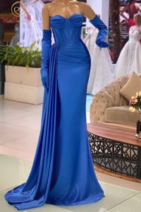 Robes de soirée élégante occasion formelle soirée longue bleu royal élastique satin sans bretelles chérie froncé sirène robe de bal 230208