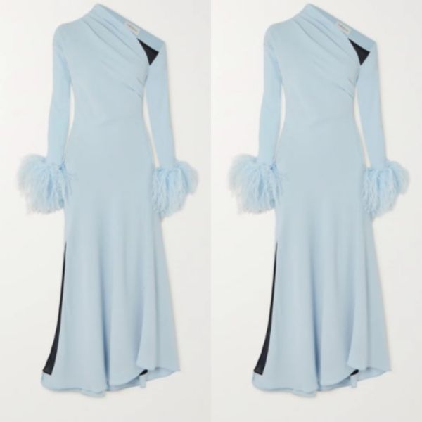 Robes De Soirée Élégante Longue Une Épaule Bleu Clair Robe De Soirée Avec Des Plumes Musulman Sirène Crêpe Plis Robe De Robe Pour Les Femmes 230225