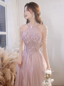 Party Dresses Elegant Pink Celebrity Dress Sequins Beading Halter With Tassel Sleeve A Line Exquisite Floor Length Prom Evening Gowns 2023 230213