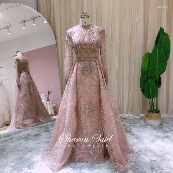 Robes de soirée élégante rose à manches longues robe de soirée dubaï pour les femmes mariage robes arabes surjupe musulman formel bal en Stock